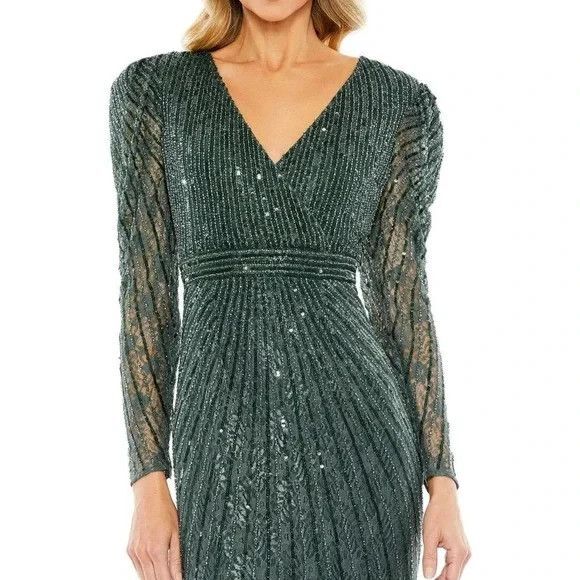 Mac Duggal 93676 Beaded Lace Long Sleeve Formal Gown Dress Green 18 NWT $458 - Picture 3 of 8